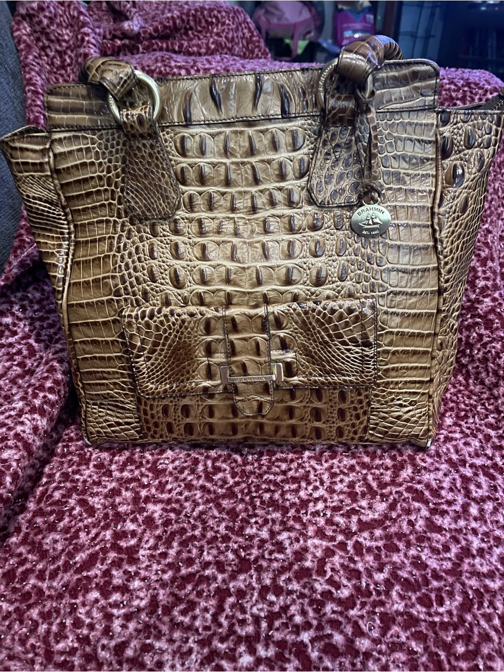 Brahmin Aubree Brown Croc-Embossed Leather Tote with Front Pocket